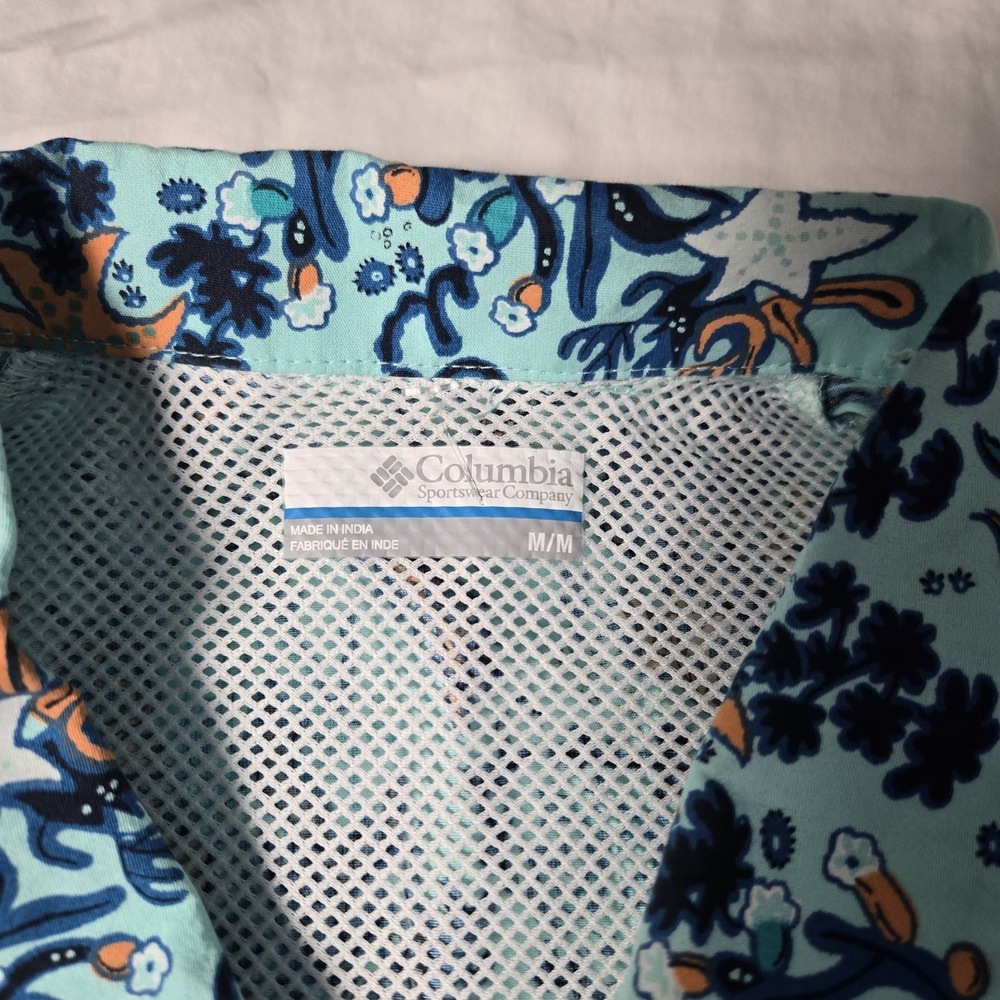 COLUMBIA PFG Shirt Short Sleeve Button-Up Ocean Print Vented Shirt M Fishing - Picture 7 of 9